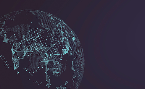 Artistic image of dots being connected across the globe against a dark background