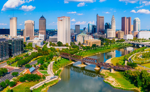 Columbus riverfront skyline on a sunny day