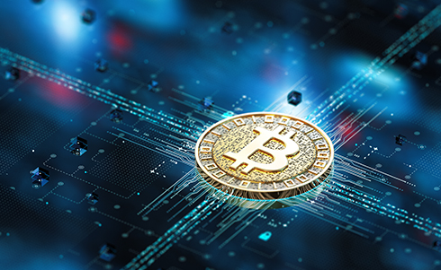 bitcoin symbol over high tech imagery