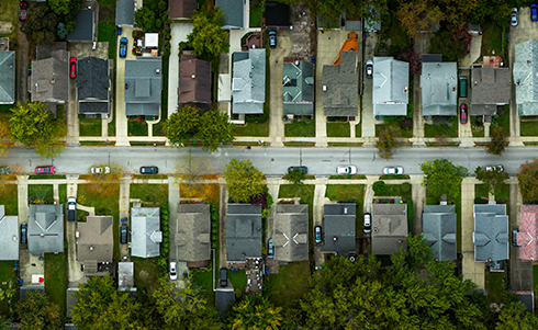 A suburban residential overhead streetview