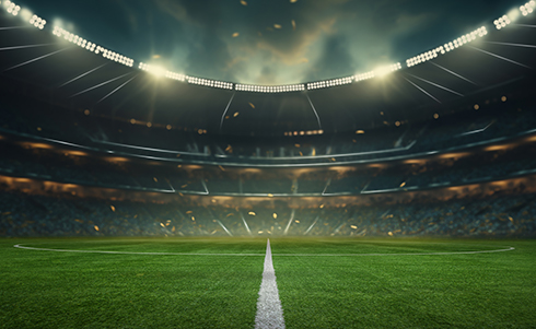 Computer generated graphic of the inside of a sports stadium with an open roof at night